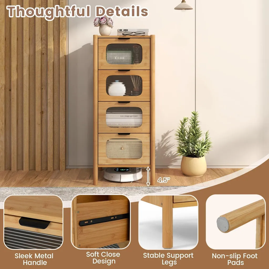Commode Gain de Place 4 Tiroirs en Bambou - Rangement Style Rétro - 4
