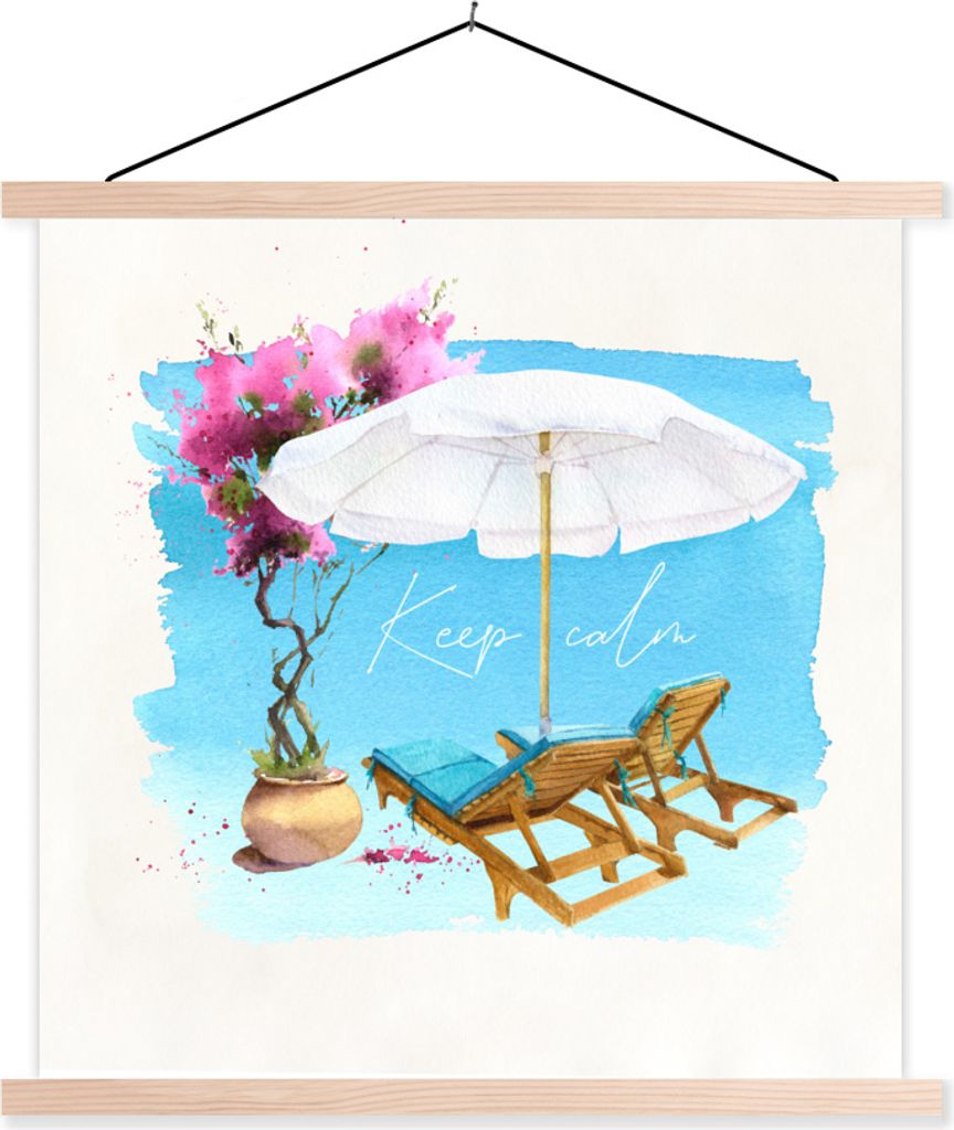 MuchoWow Textilposter Strandkorb - Sonnenschirm - Blumen - Zeichnung 40x40 cm mit holzfarbenen Rahmen - Posterleiste
