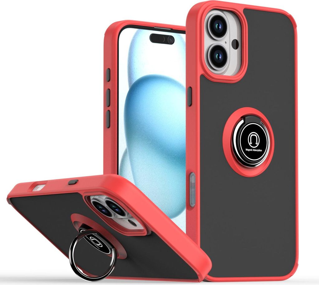 Hülle für iPhone 16 Matte Transluzent TPU Stoßfest Schutzhülle mit Ring Halter Ständer Rot