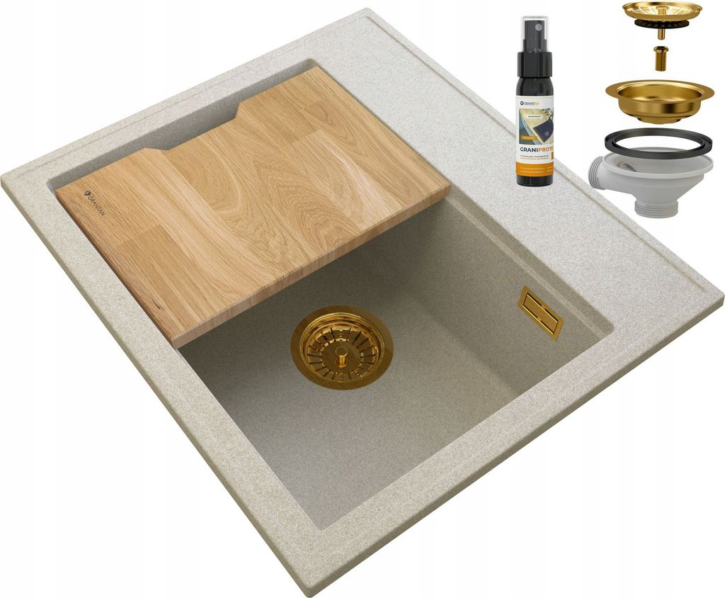 Granitan | Granitspüle FOXAL - Heller Beige - Hochwertig - Mit goldenem Syphon