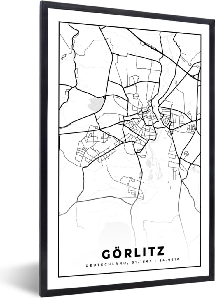 MuchoWow Gerahmtes Poster Görlitz - Karte - Stadtplan 20x30 cm - Poster mit Schwarzem Bilderrahmen Wandposter Rahmen Foto Bilder - Drucken - Bil...