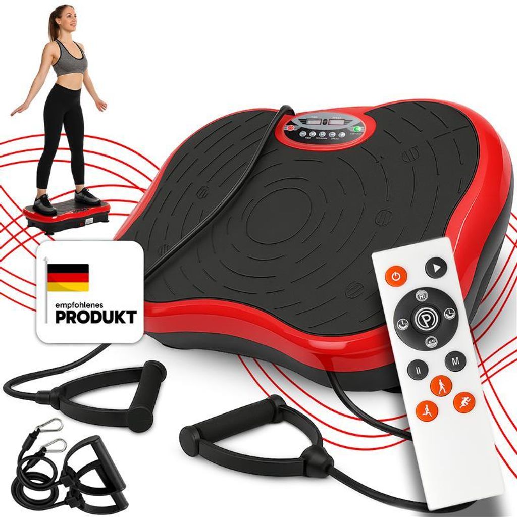 A woman is using a vibration plate, with accessories and a remote control shown.