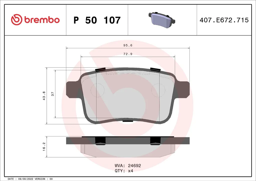 Plaquettes Brembo P 50 107 Haute Performance pour Citan W415 OE 4154210400