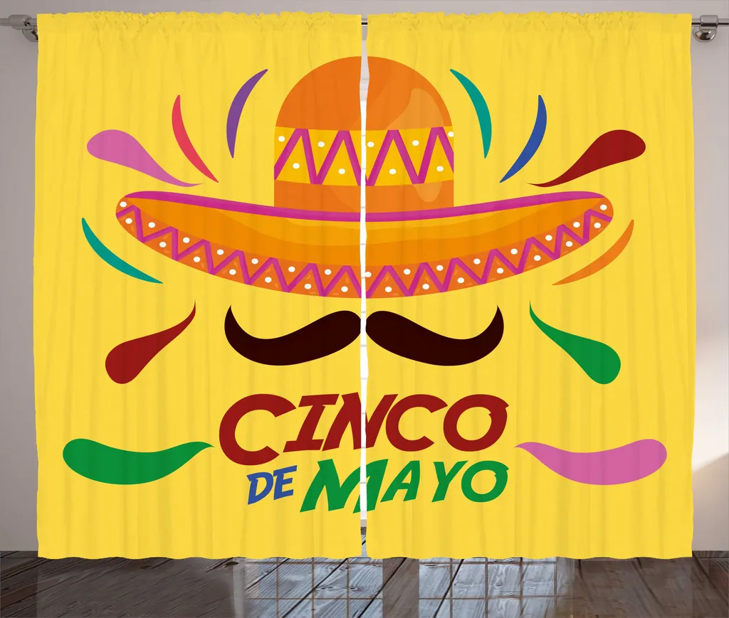 Rideau Rustique Lavable 280x225 cm avec Crochets Thème Fiesta Mexicana