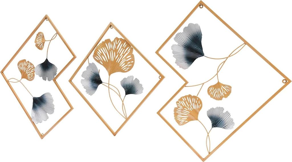 3D Ginkgo Wanddekoration - Metall Wandbild 3-teilig - Groß 164x70,5 cm - Für Wohnzimmer Schlafzimmer Flur Esszimmer - Gold