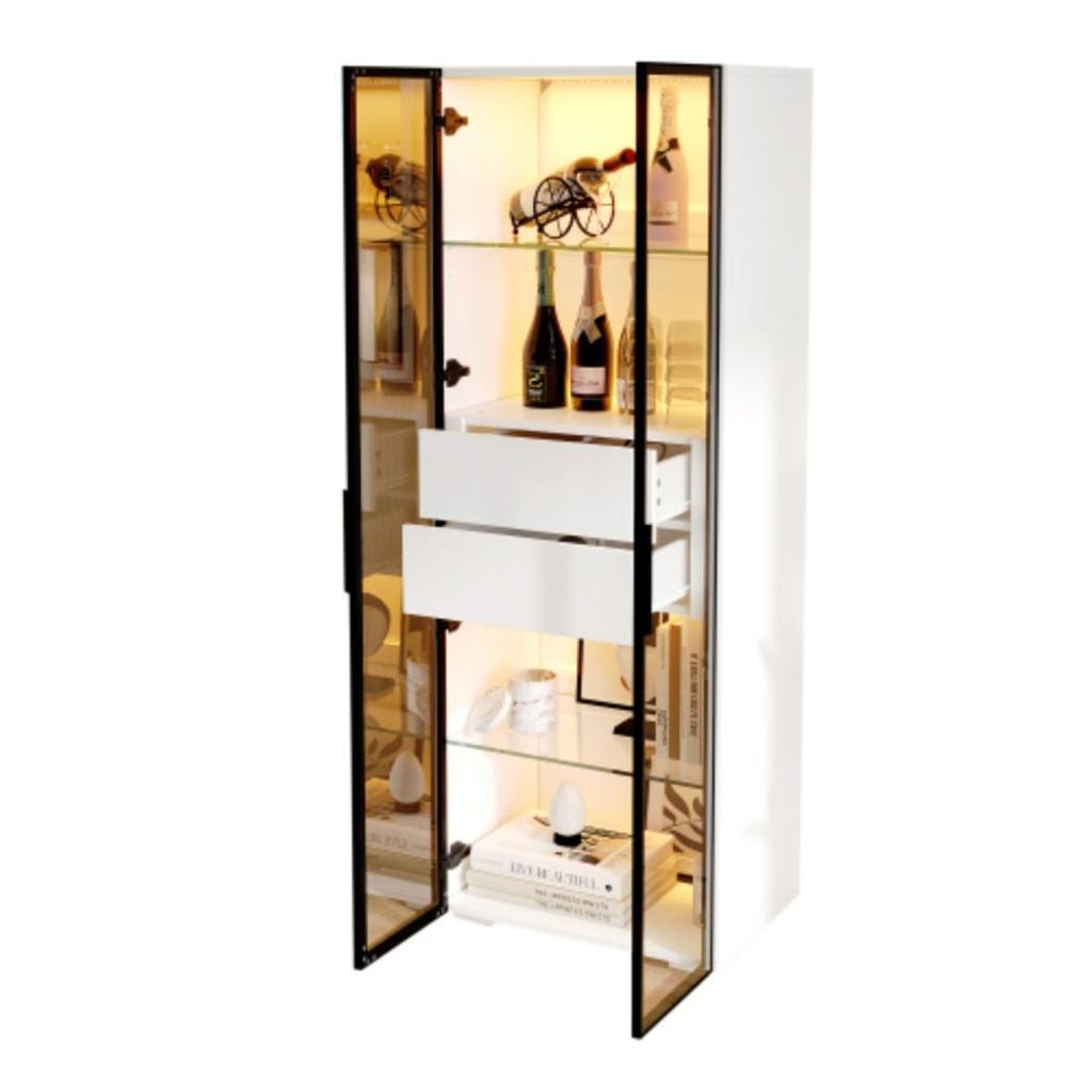 Schrank,Vitrine Schranktür aus Glas,Vitrine Lagerschrank mit LED,2Glasboden,2Schubladen,Highboard,Hochschrank 60*40*160cm