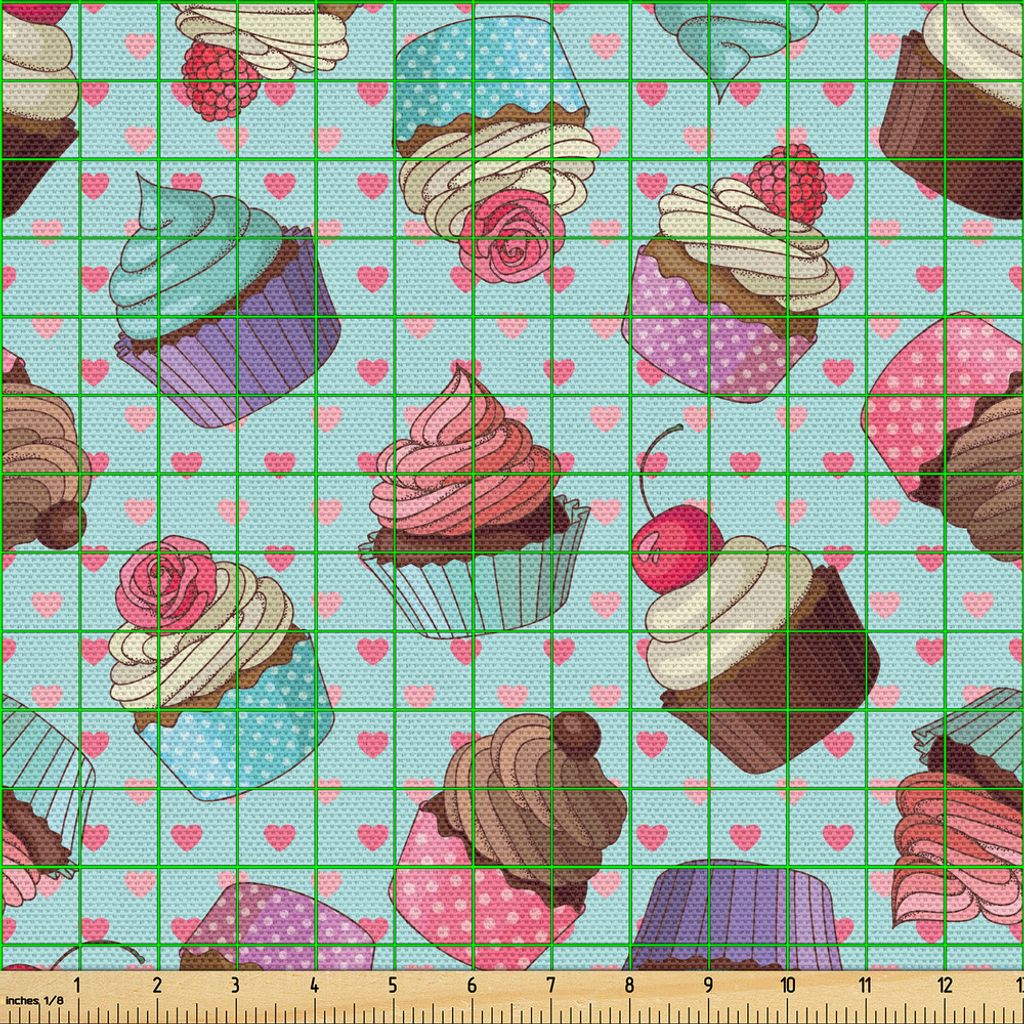 ABAKUHAUS Dessert Gewebe als Meterware, Muster von leckeren Cupcakes mit Rose und Cherry Toppers auf Herz-Hintergrund zu wiederholen, 1 M (148 x 10...