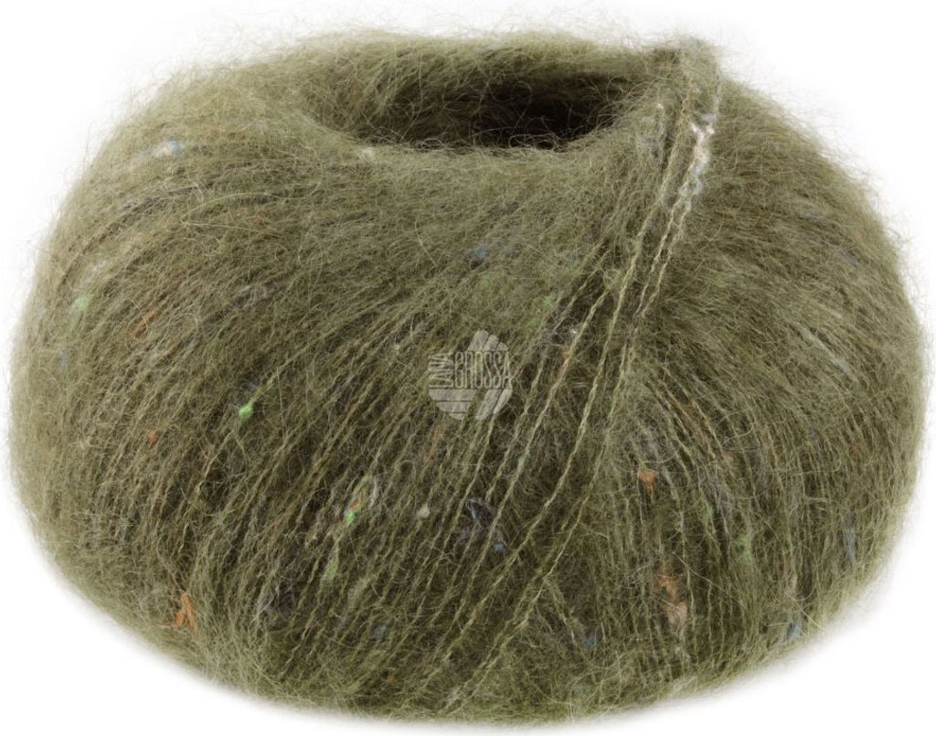 A single ball of green yarn with multi-colored flecks, shown against a white background.