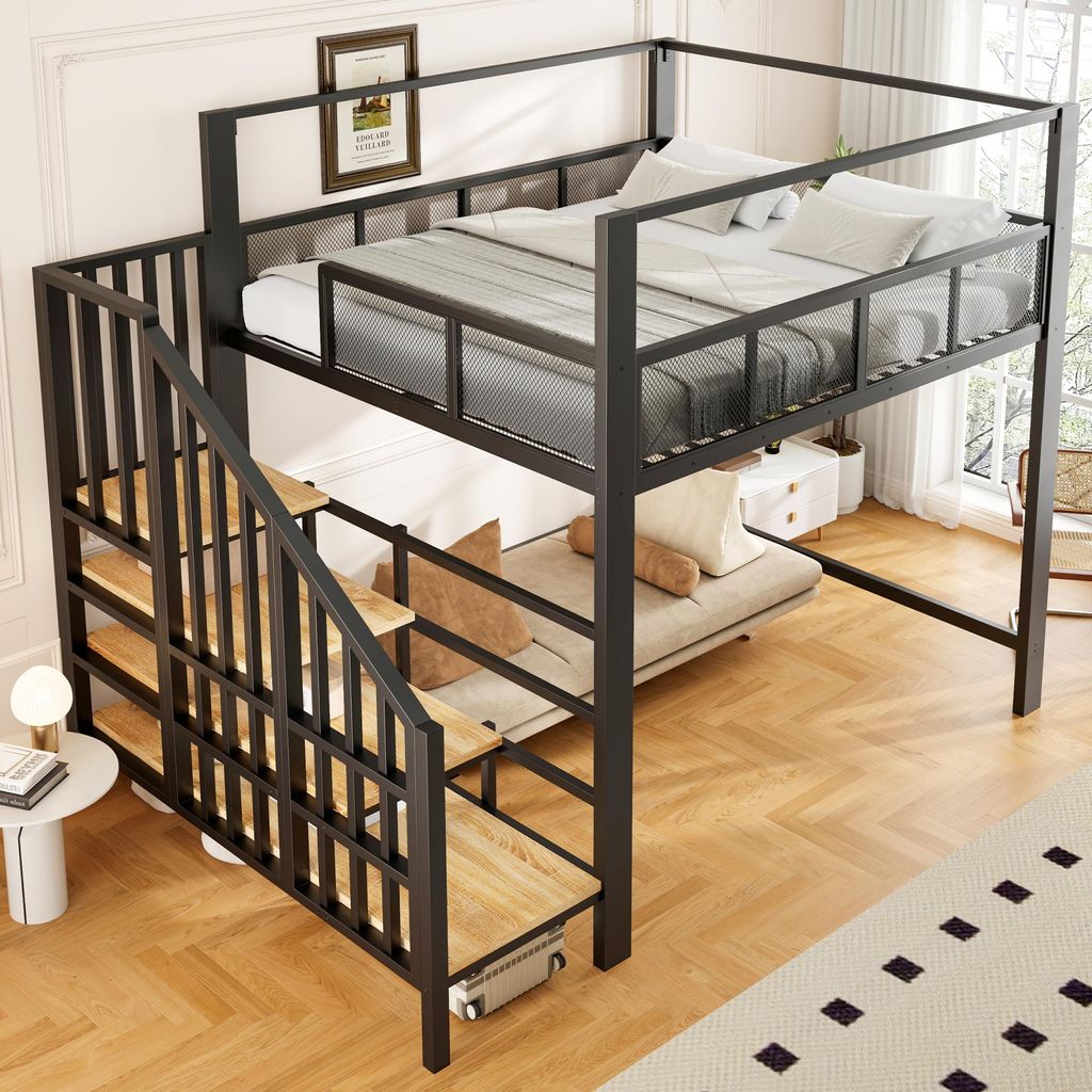 MODFU Metall Hochbett 140 x 200 mit Matratze,Jugendbett mit Produktbild 