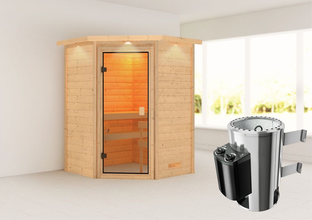 Karibu Sauna Innensauna Antonia Eckeinstieg Ofen 3,6 kW intgr. Strg 173x159x191 cm mit Dachkranz