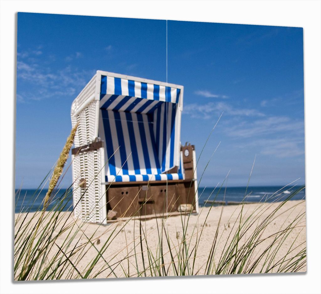 Wallario Herdabdeckplatte aus Glas, Größe 60 x 52 cm 2-teilig, Motiv Strandkorb