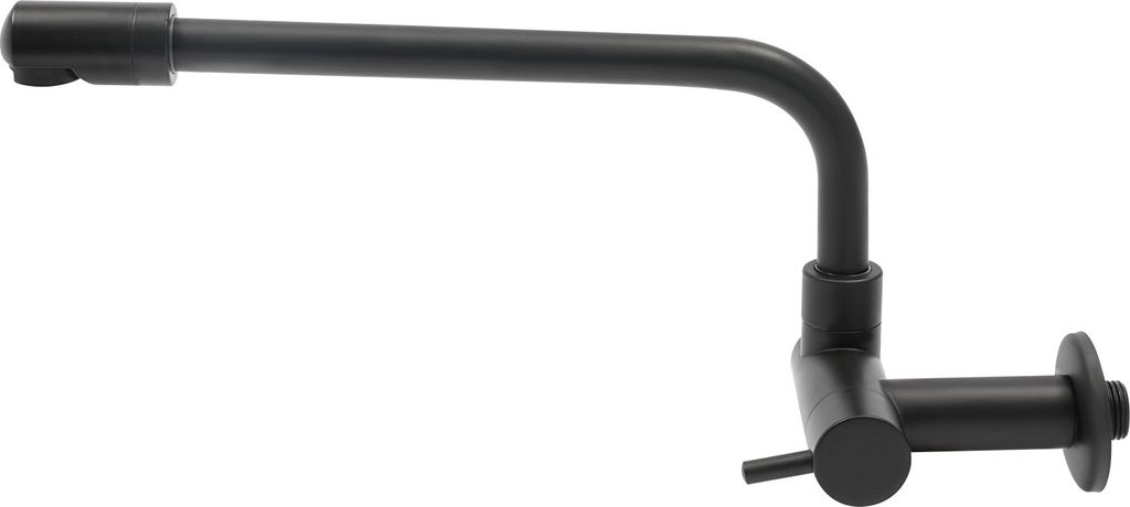 A black wall-mounted kitchen faucet is shown against a white background.