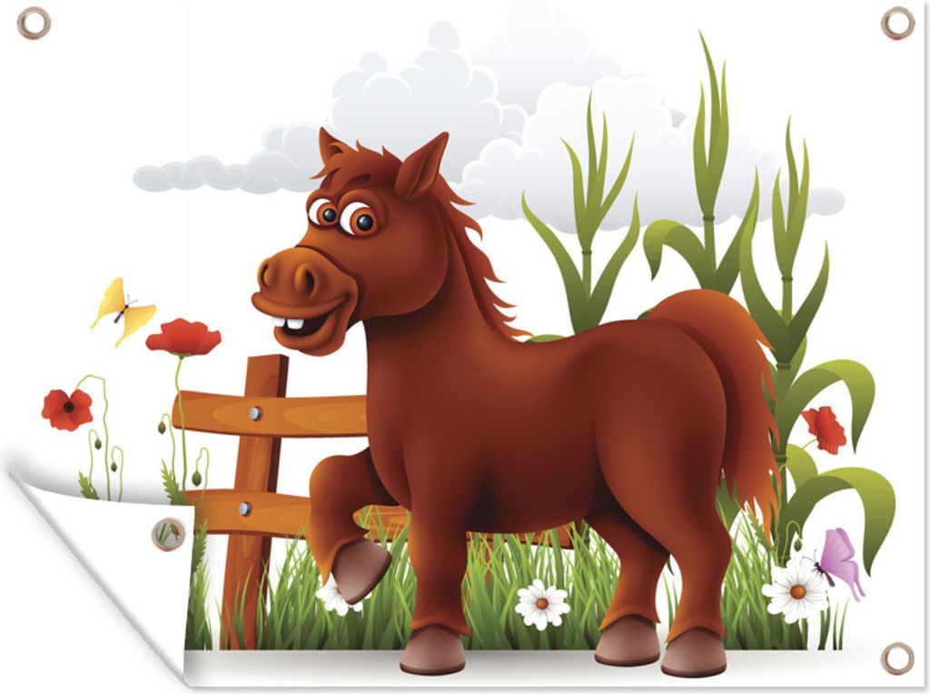 MuchoWow 80x60 cm Outdoor-Poster Gartendeko Sichtschutz Garten Poster für den Garten Eine Illustration eines Ponys auf der Wiese