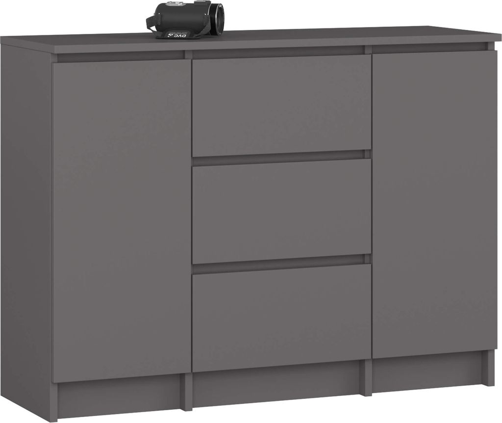 A 3D rendering of a gray dresser with a camera on top.