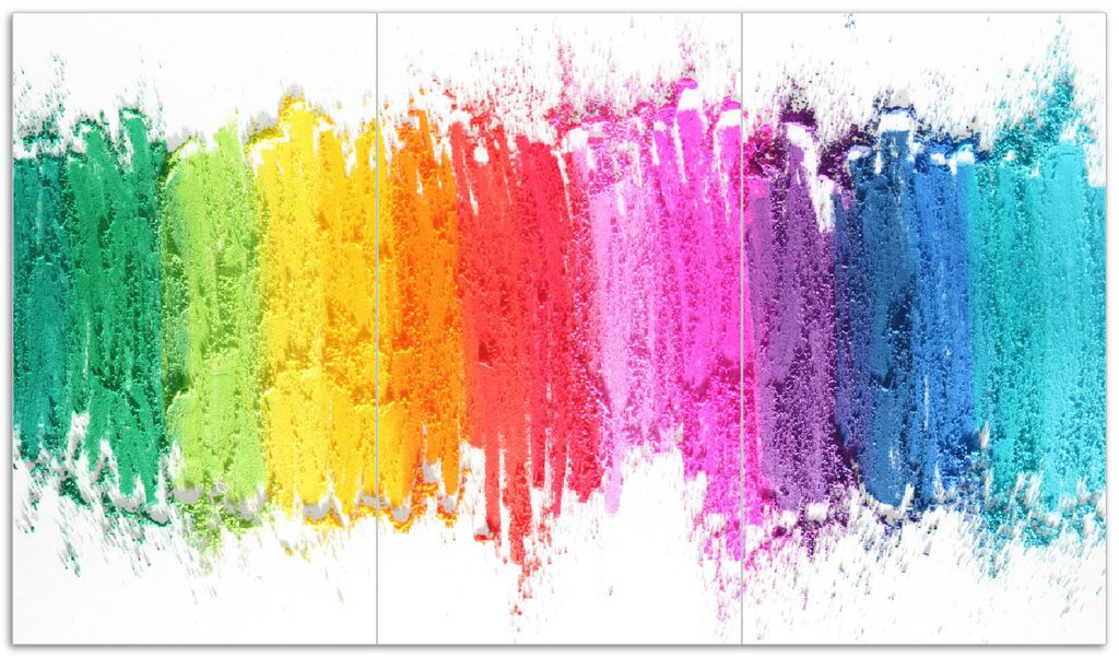 Wallario Herdabdeckplatte aus Glas, Größe 90 x 52 cm 3-teilig, Motiv Regenbogenstreifen auf weißem Hintergrund - Bunter Anstrich