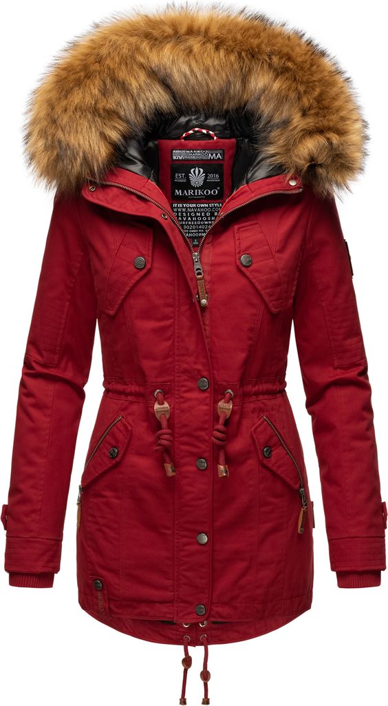 Marikoo La Viva Princess Eleganter Damen Winter Parka mit Kapuze und Kunstpelzbesatz Wintermantel Vegan Blood Red Gr. 34 - XS