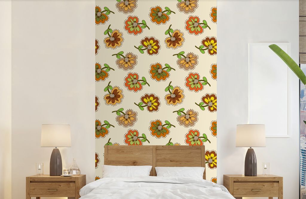 MuchoWow Fototapete für Wohnzimmer oder Schlafzimmer Wandtapete Vinyl Motivtapete Design - Blumen - Retro - Vintage - 120x240 cm - Hintergrundbild