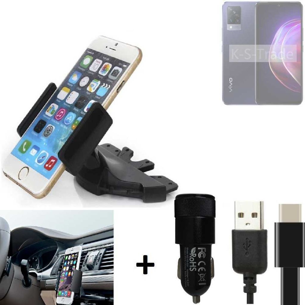 K-S-Trade CD Schlitz Handy-Halterung kompatibel mit Vivo V21 5G Autohalterung KFZ-Halter Radio Handy Halterung 360° drehbar CD-Schacht inkl. USB-C