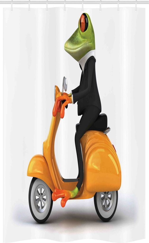 ABAKUHAUS Lustig Schmaler Duschvorhang, Italienisch Frosch Motorrad, Badezimmer Deko Set aus Stoff mit Haken, 120 x 180 cm, Grün Schwarz Orange