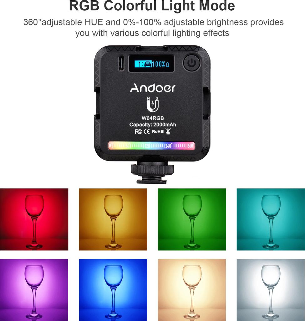 Andoer W64RGB Mini-RGB-LED-Videoleuchte, wiederaufladbar, Fotografiefüllung, CRI95+, 2500 K-9000 K, dimmbar, 20 Lichteffekte mit LCD-Display, 3 Ka...