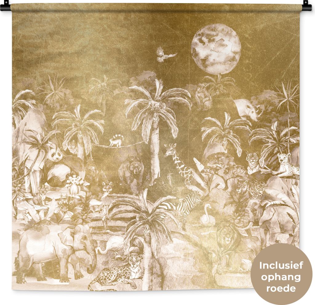 MuchoWow Wandteppich Wandbehang Dschungel - Gold - Kinder - Pflanzen - Tiere 90x90 cm Tapisserie Dekoration Wandtuch - Wandaufhänger