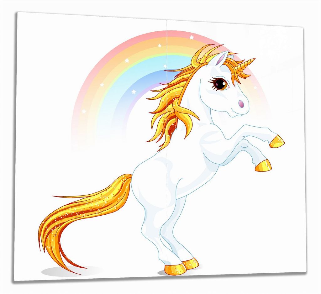 Wallario Herdabdeckplatte aus Glas, Größe 60 x 52 cm 2-teilig, Motiv Weißes Einhorn vor einem Regenbogen