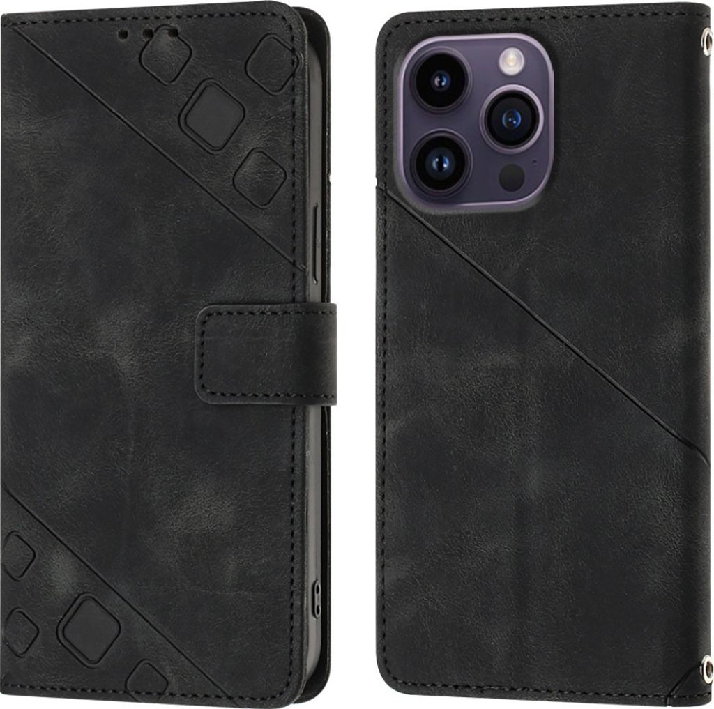 Hülle für iPhone 14 Pro Max Prägung Flip Leder Brieftasche Schutzhülle mit Ständer Schwarz