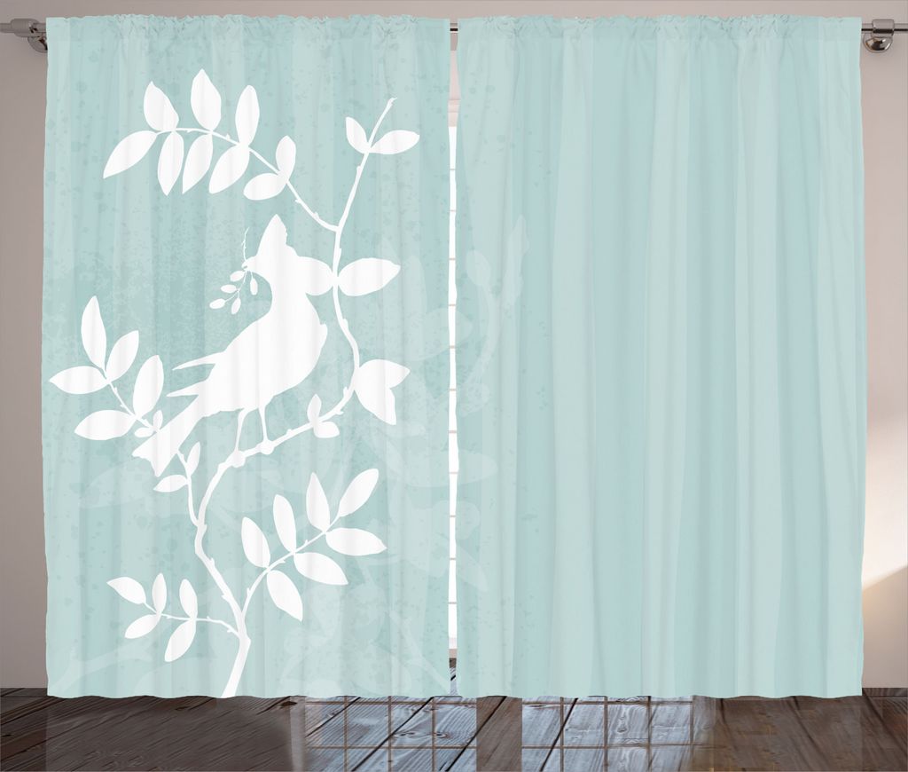 ABAKUHAUS Natur Rustikaler Vorhang, Vogel-Silhouette auf Baum, Wohnzimmer Universalband Gardinen mit Schlaufen und Haken, 280 x 245 cm, Türkis Weiß
