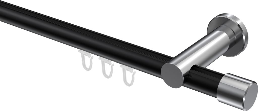 Interdeco Innenlaufstange / Gardinenstange mit Innenlauf Schwarz / Chrom, Typ Platon Santo (Kappe), 20 mm Ø 1-läufig, 480 cm