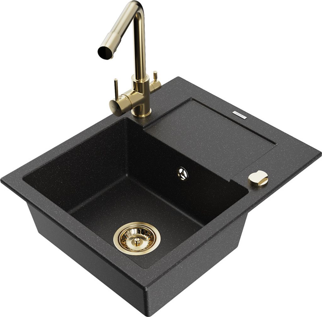 Mexen Enzo 1 Becken-Granitspüle mit Abtropffläche und Mischbatterie Duero, Schwarz/Silbermetallic - 6506-73-671600-50