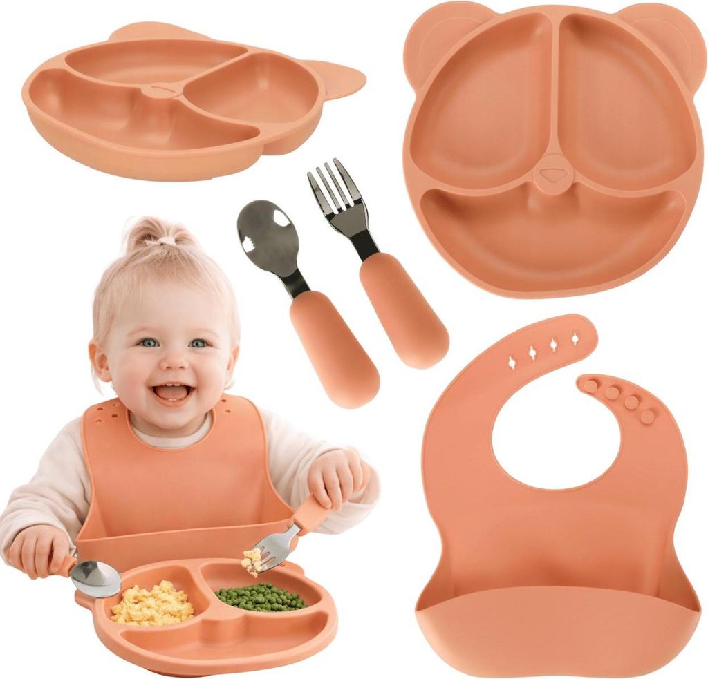 Silikon Geschirr Set Kinder Orange 4 tlg Teller Löffel Gabel Lätzchen Baby Geschirr Esslernset Kinder