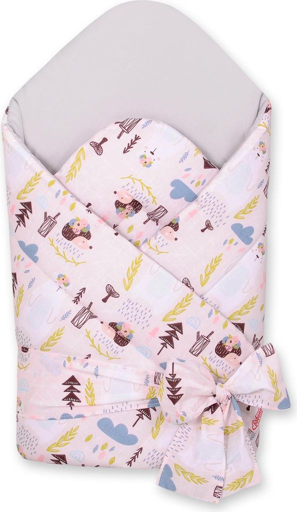 2-in-1-Tragetuch mit Bändern, versteift und weich - rosa Teddybären und Igel