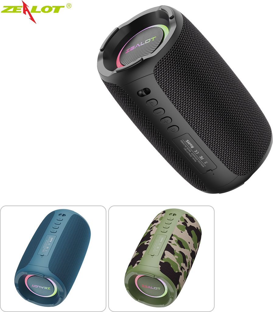 A collage of three different color variations of a portable Bluetooth speaker, with the main image showing a black speaker.