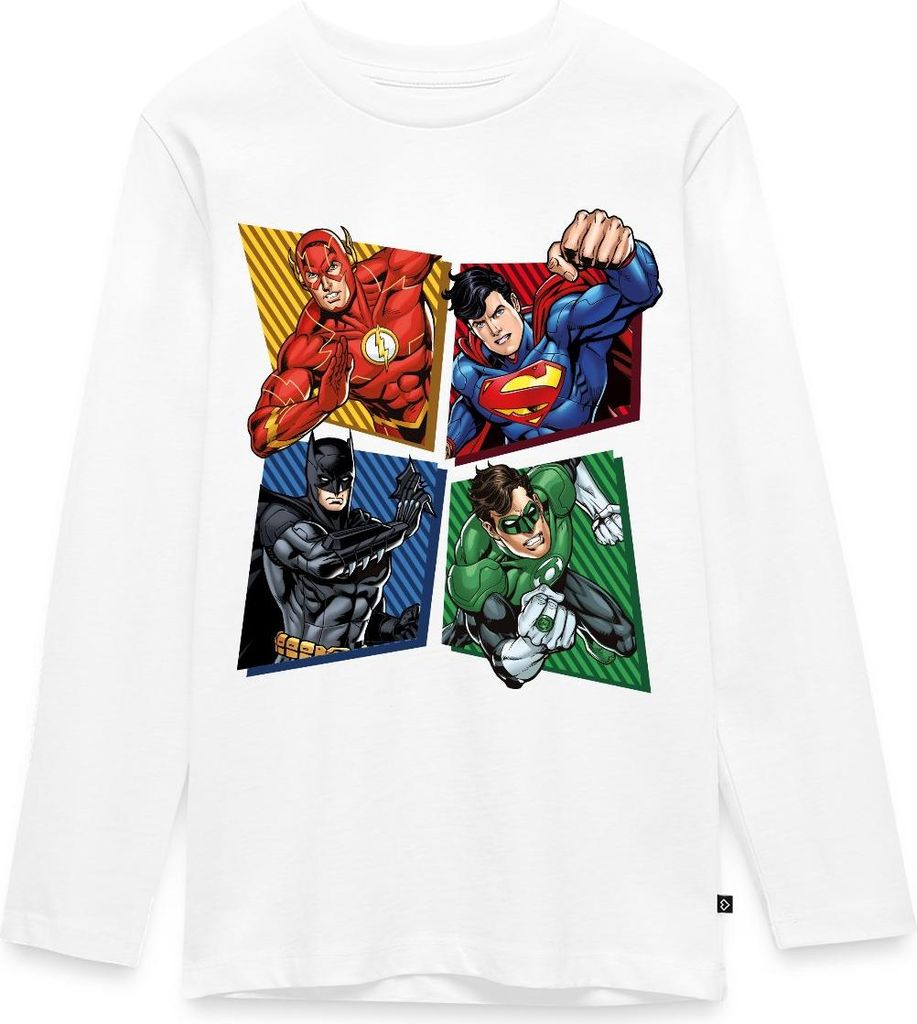 Spreadshirt DC Comics Justice League Superhelden Teenager Premium Langarmshirt, 146/152 (10 Jahre), Weiß
