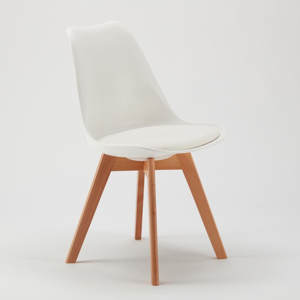 A white chair with wooden legs is shown against a white background.