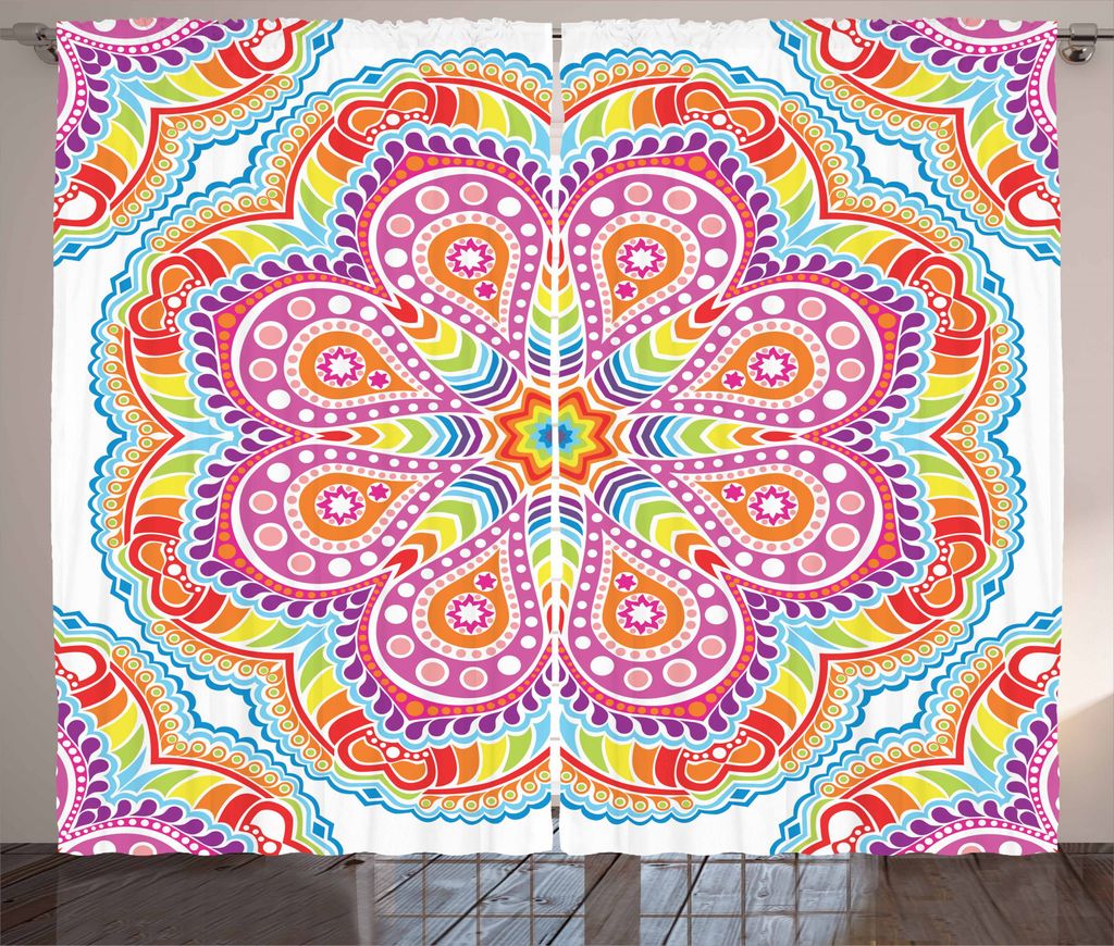 ABAKUHAUS Regenbogen-Mandala Rustikaler Gardine, Orientalische Motive, Schlafzimmer Kräuselband Vorhang mit Schlaufen und Haken, 280 x 245 cm, Meh...