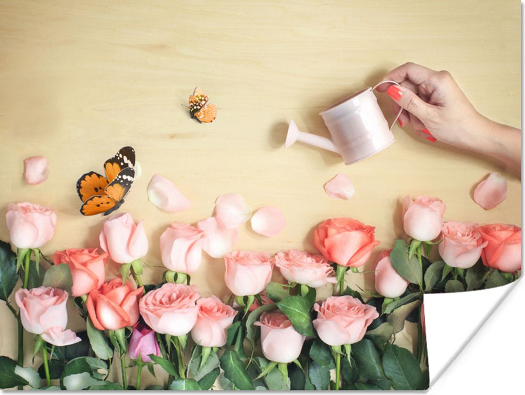 MuchoWow Poster Blumen - Rosen - Gießkanne 40x30 cm - Plakate für die Wände - Poster Wohnzimmer
