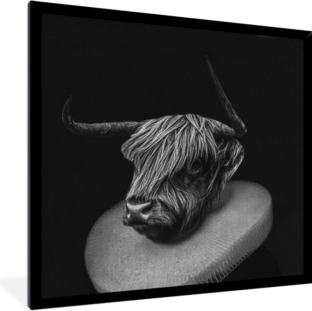 MuchoWow Gerahmtes Poster Gemälde - Schottischer Highlander - Schwarz - Weiß 40x40 cm - Poster mit Schwarzem Bilderrahmen Wandposter Rahmen Fot...