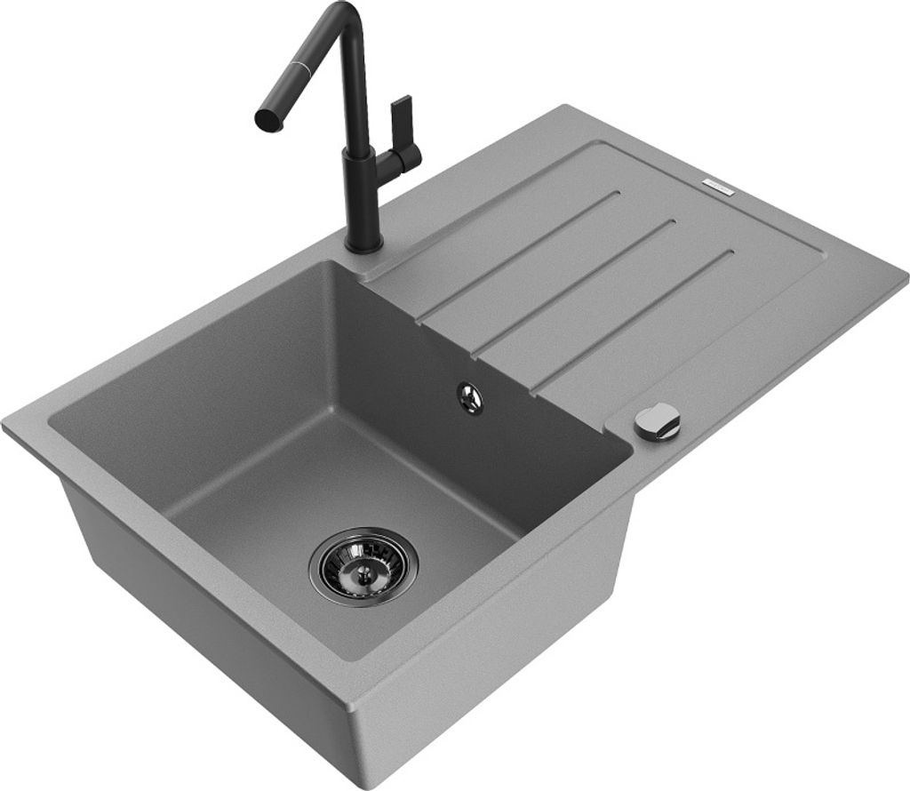 Mexen Bruno 1 Becken-Granitspüle mit Abtropffläche und Mischbatterie Flora, Grau - 6513-71-670401-70-B