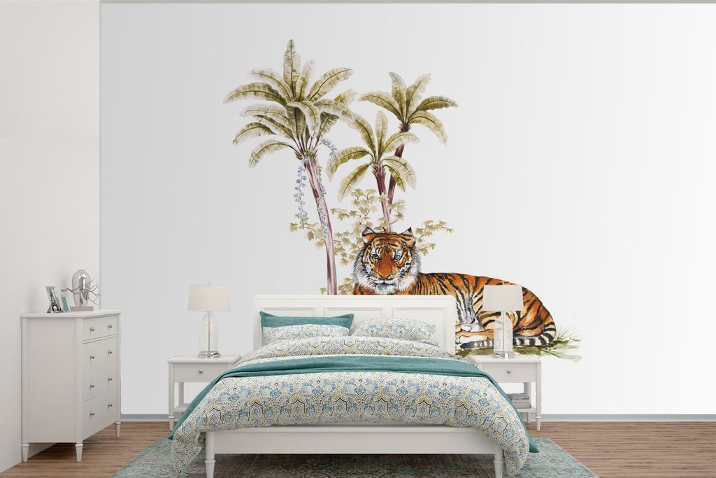 MuchoWow Fototapete für Wohnzimmer oder Schlafzimmer Wandtapete Vinyl Motivtapete Tiger - Baum - Gemälde - 390x260 cm - Papiertapete
