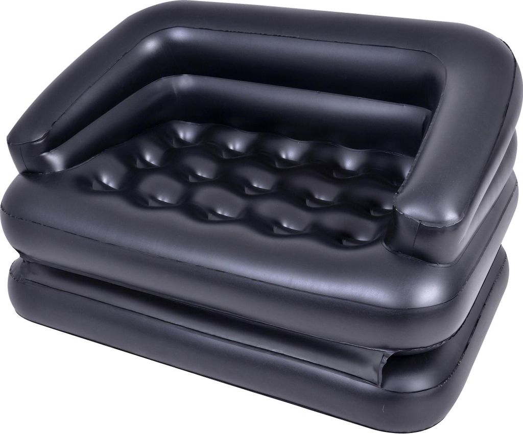 A black inflatable sofa bed is shown from a slightly elevated angle against a white background.