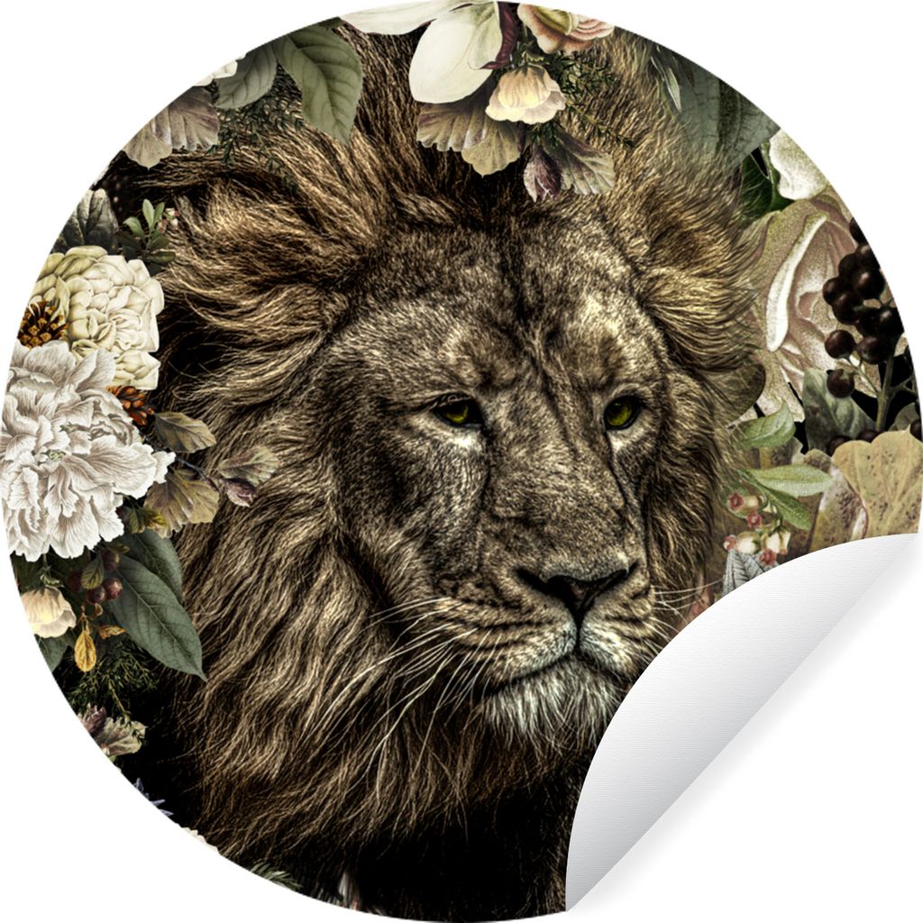 MuchoWow Runde Wandtattoo - Wandsticker Tapete Aufkleber Löwe - Blumen - Blatt Ø 50 cm Selbstklebend und Repositionierbar - Wandaufkleber - Kre...