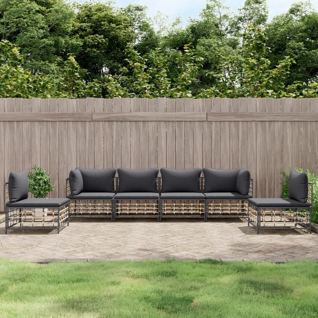 The Living Store 6-tlg. Garten-Lounge-Set mit Kissen Anthrazit Poly Rattan