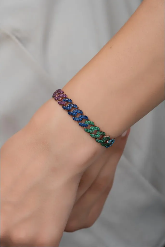 Gourmette en argent massif pour femme avec strass multicolores - 18cm