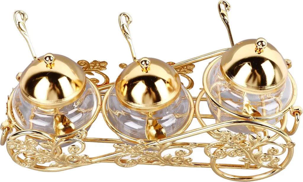 Pot à épices doré pour buffet hôtel, ensemble de 3 sucriers verre poli