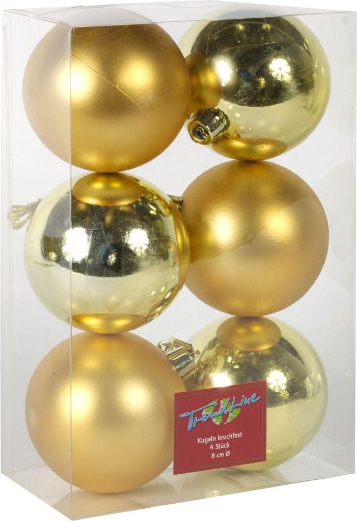 A clear, well-lit studio shot of a box of six gold Christmas ornaments.