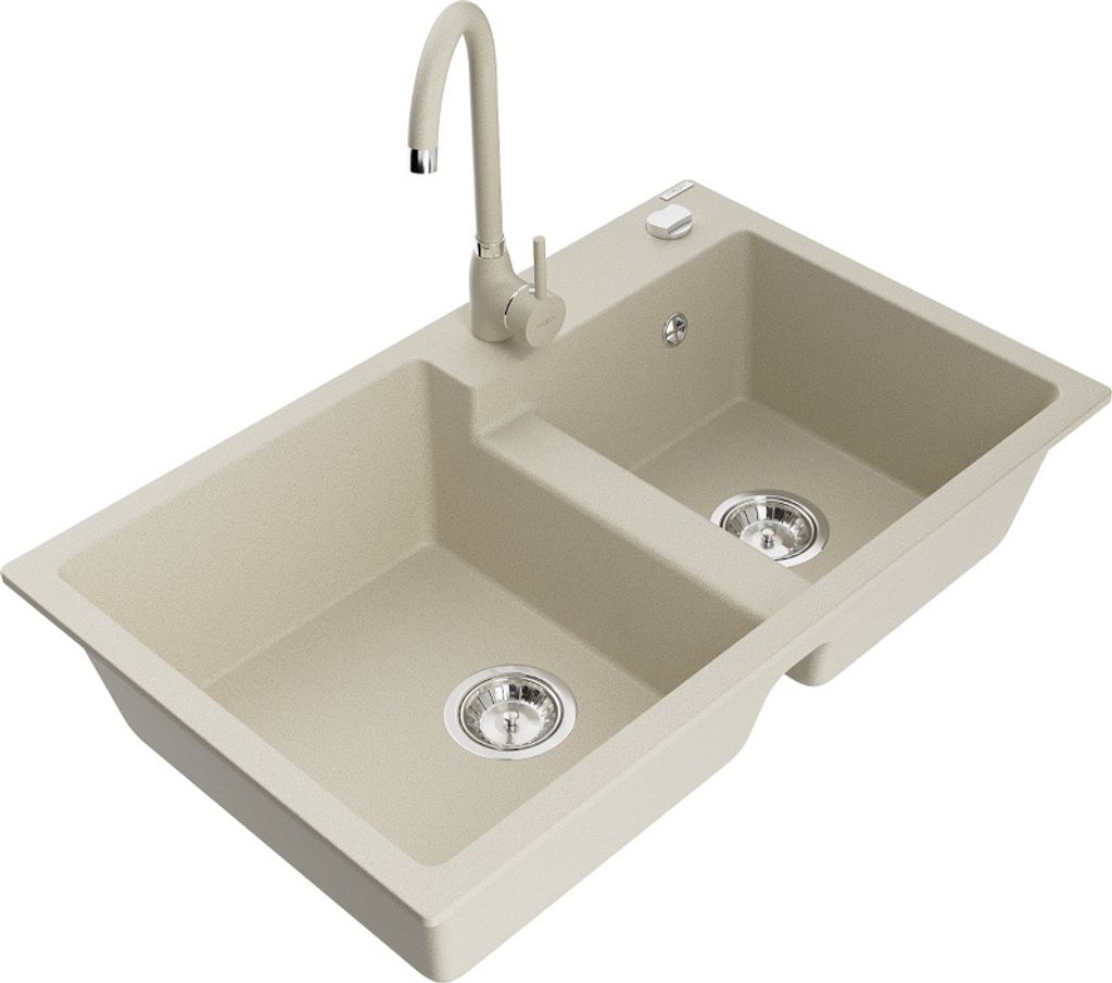 Mexen Tomas 2-Becken-Granitspüle mit Mischbatterie Telma, Beige - 6516-69-670200-69