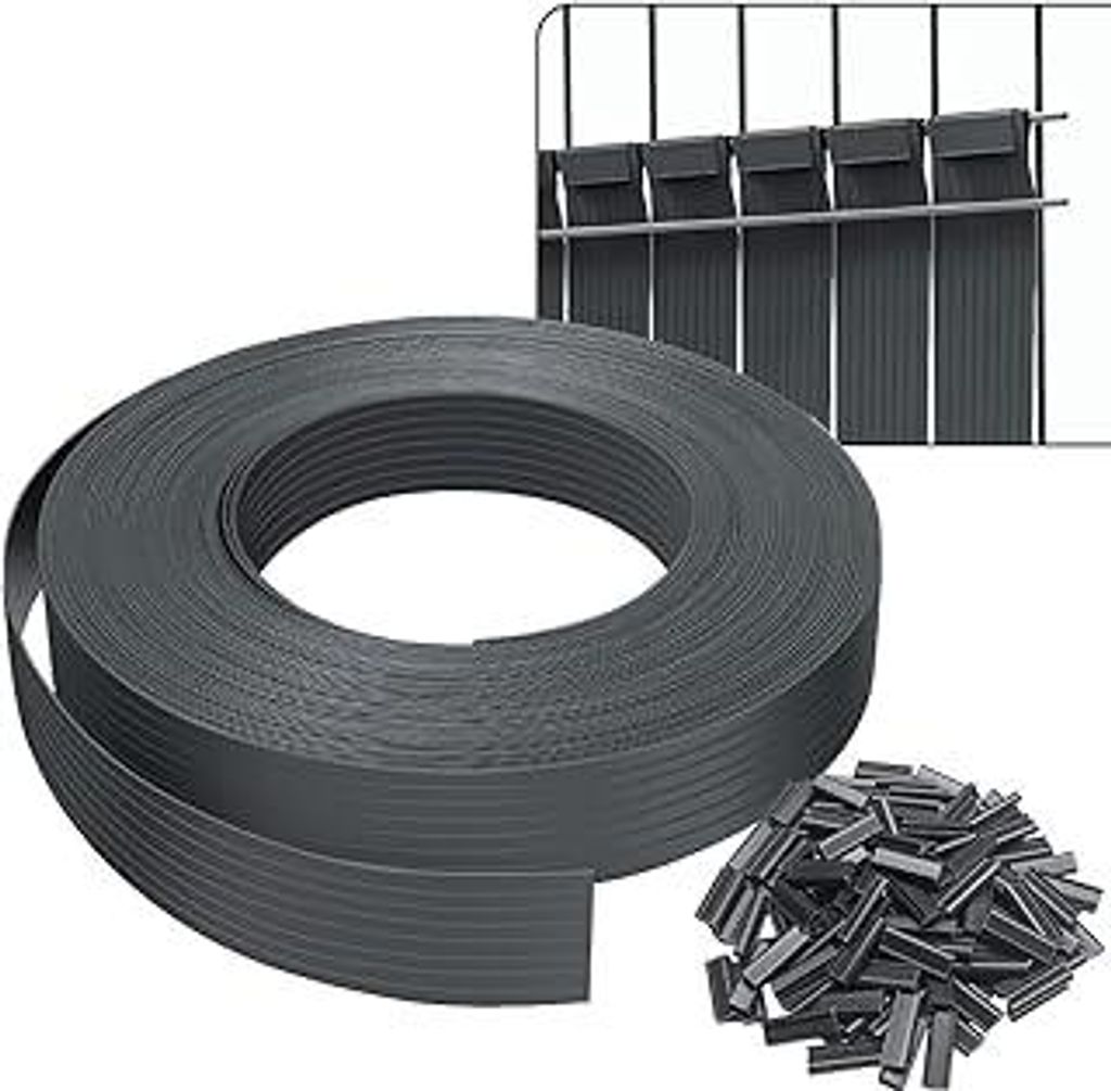 Sichtschutzstreifen für Doppelstabmatten 75m x 4.7cm, PVC Sichtschutz Zaun mit 150 Clips, Grau