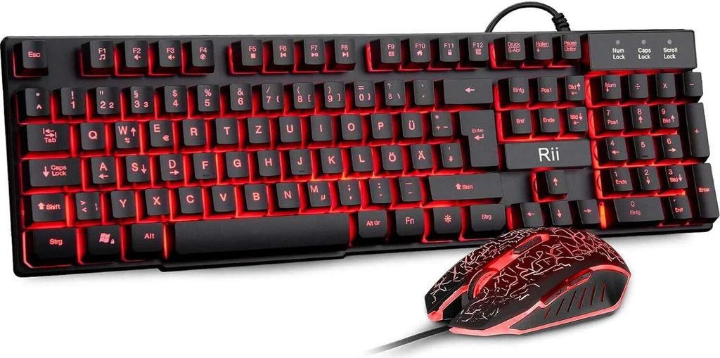 Gaming Tastatur und Maus Set, 3 LED Hintergrundbeleuchtung, ideal für Gaming und Büro, kompatibel mit PC (DE-Layout