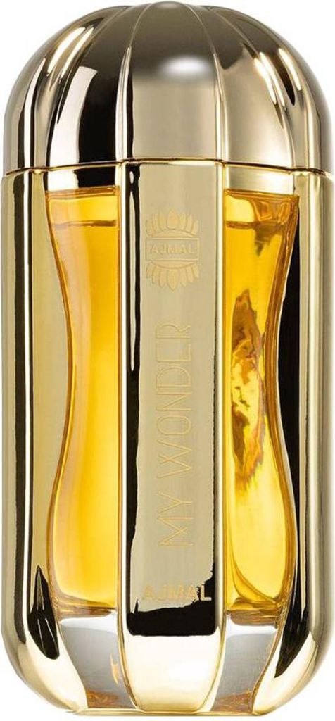 A close-up studio shot of a gold-colored perfume bottle.
